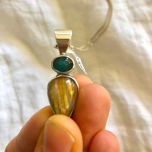 Green Tourmaline and Routile Gemstone Silver Necklace